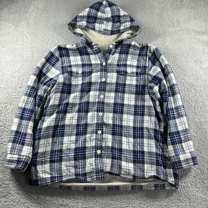 L.L Bean Fleece-Lined Flannel Hoodie Plaid Women's Large Petite Pet‎ Blue White